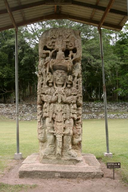 Stela B, portraying 18 Rabbit on the threshold of the portal of the underworld.  An awe-inspiring sculpture.