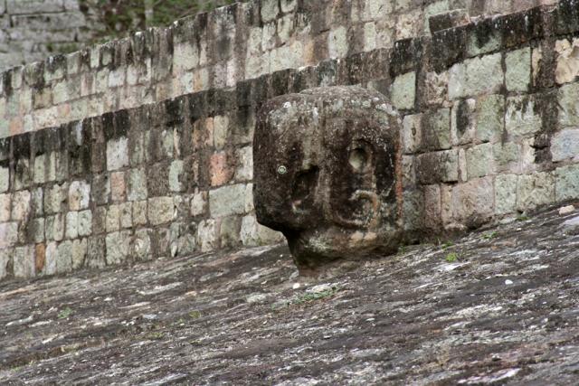 Ball Court, detail.  Three of these carved macaw heads adorn the upper rim of each of the two ramps of the Ball Court.  