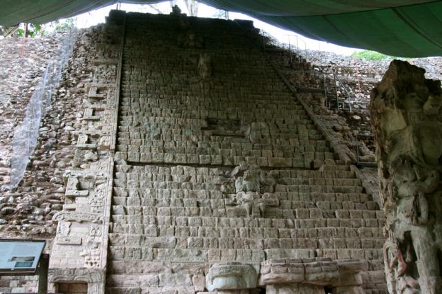 The Hieroglyphic Stairway, commemorating Copán Rulers 1 – 15.  This is the longest known glyphic text ever found in a Maya site.