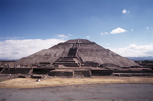 The massive Pyramid of the Sun in Teotihuacán, Mexico, whose base nearly equals in size that of the Great Pyramid in Giza.